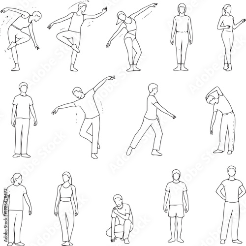 Minimalist line art people set, 14 hand drawn human figures in motion, black and white sketch of people dancing and exercising, vector eps collection