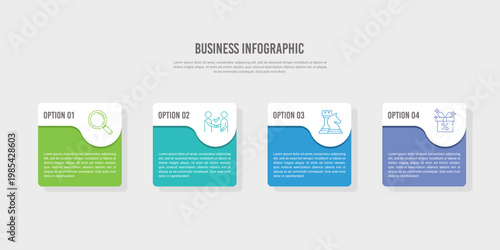4 Steps or Options infographic illustrates the conceptual business plan elements for the growth, marketing, and analytics stages. Vector illustration.