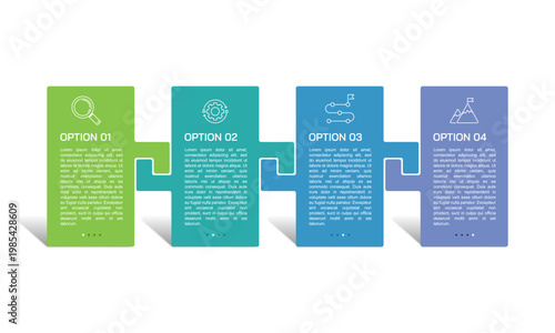 Four connected business options and process flow infographic diagram template. Presentation, Banner and Poster. Vector illustration.