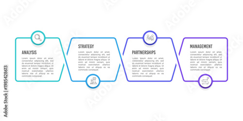 Four interlinked business stages infographic with analysis and strategy. Presentation, Poster and Banner. Vector illustration.