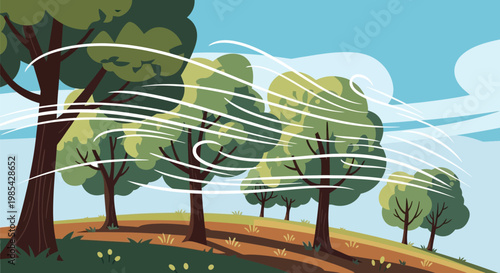 Green trees swaying under the influence of strong gusts of wind in a natural outdoor setting during the daytime