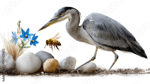 Watercolor heron bird bee rock flower nature wildlife illustration blue gray Watercolor heron bird beside rock and flower watches bee nature wildlife scene, soft color illustration with blue