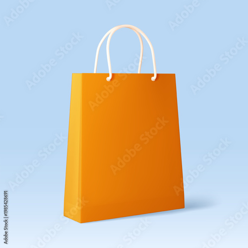 Orange shopping bag in minimalist style on light blue backdrop as a symbol of retail today. Vector illustration
