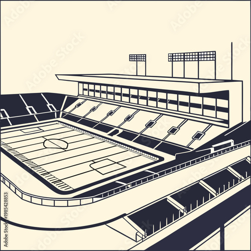 Vintage American football stadium vector illustration. Retro sports arena with grandstands and floodlights. Minimalist athletic field line drawing.