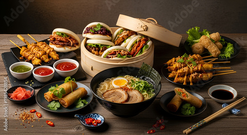 Variety of Asian food on table.