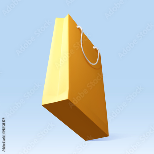 Yellow shopping bag in clean style on light blue background, concept of retail and purchase. Vector illustration