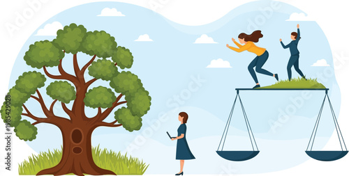 Conceptual illustration portraying the intricate balance between environmental sustainability and human societal decisions, with a woman observing a large weighing scale.