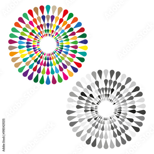Colorful circle Vector. Grayscale pattern set. Radial teardrop ornament. Bright palette focus. Manual vector only. No autotrace used.