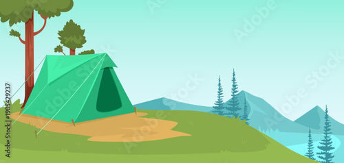 Camping tent on grassy hill in cartoon style with mountain landscape background, concept of outdoor adventure Vector illustration