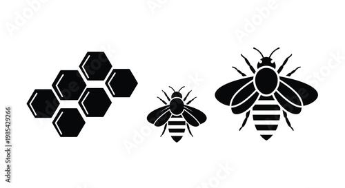 Honeycomb and bee designs in a simple black silhouette