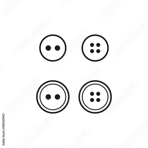 Clothing button set. Sewing tool Vector. Round garment detail. Black white design. Manual vector only. No autotrace used.