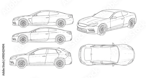 Collection of car line showing different angles and models automobile vehicle outline