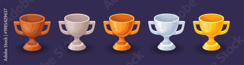 Game trophy cups ui. Winner trophies cup gold silver stone wood elements props icons, cyber sport gaming gui champion goblet level rank reward, cartoon set neat vector illustration