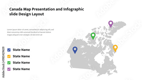 Canada map infographic showing location pins for presentation slide design layout