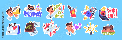 Office work stickers. Laptop workplace vibe workers team creative sticker pack, doodle funny phrase employee life process deadline creative badges trendy classy vector illustration