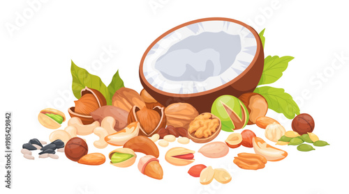 Nuts mix. Nut and seeds pile, dry almond peanut walnut hazelnut cashew seed pistachio bunch healthy snack vegetarian food collection cartoon set isolated neat vector illustration