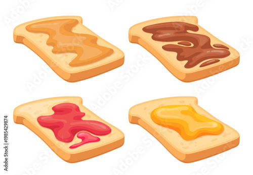 Peanut butter toast. Toast bread slice spread jam, jelly honey chocolate paste strawberry berry hazelnut cocoa breakfast sandwich cartoon toasts food neat vector illustration