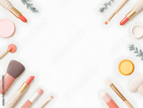 Makeup products and tools arranged on a clean surface with a light background for beauty and cosmetic display ideas