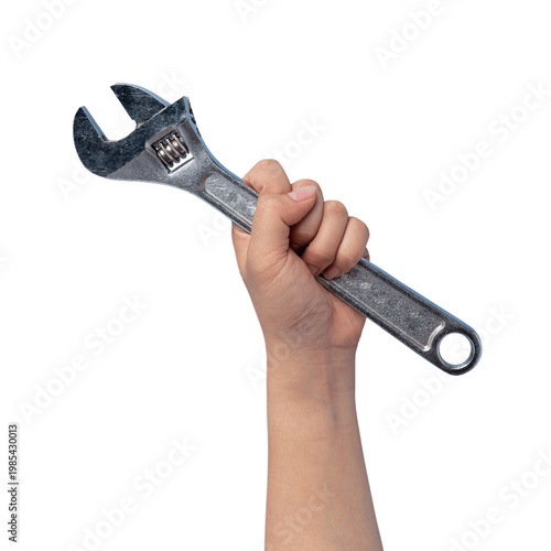 woman holding metal wrench,Labor day background concept