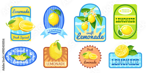 Lemonade retro labels. Lemon juice badge, citrus fruit fresh soda emblem vintage cafe cold ice syrup tag summer sweet drink packaging stamp stickers set neat vector illustration