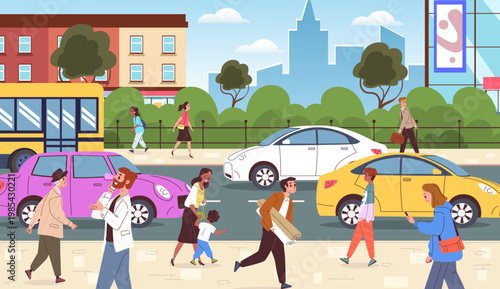 Crowd people walk street. City street road walking path, diverse citizen group character, building urban landscape panorama man woman child pedestrian classy vector illustration