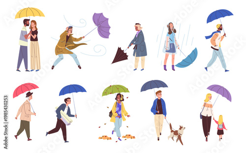 People walk umbrella. Woman man walking in rain, autumn fall season couple holding umbrellas rainy day weather happy person coats raincoat stroll group classy vector illustration