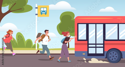People late bus. Man run behind bus, hurry woman catch miss chase public transport latecomer person stop station city traffic cartoon running character classy vector illustration