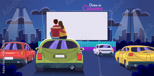 Couple drive movie. Drive-in cinema theater romantic date, love man woman watching film night open air festival car parking outdoor screen theatre scene, classy vector illustration