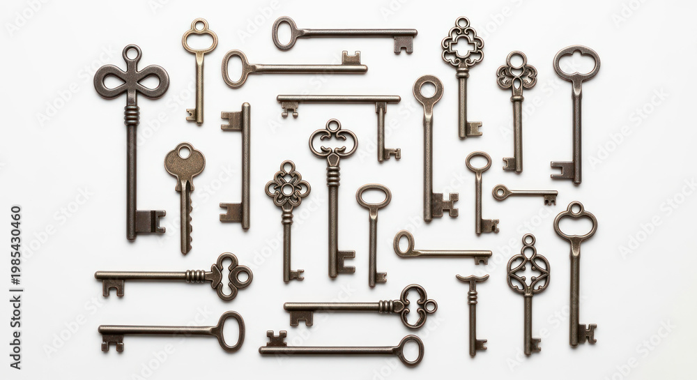 Obraz premium Antique Keys Collection Assorted Vintage Metal Skeleton Keys on White Background