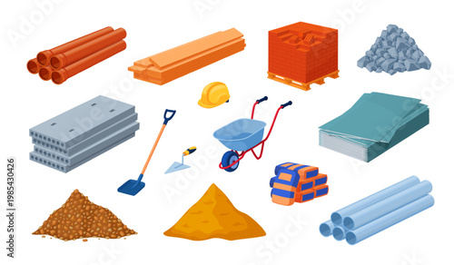Cartoon construction materials. Building material set, brick block concrete pile cement sand gravel stack stone wood metal pipe steel site work tool qualitative vector illustration