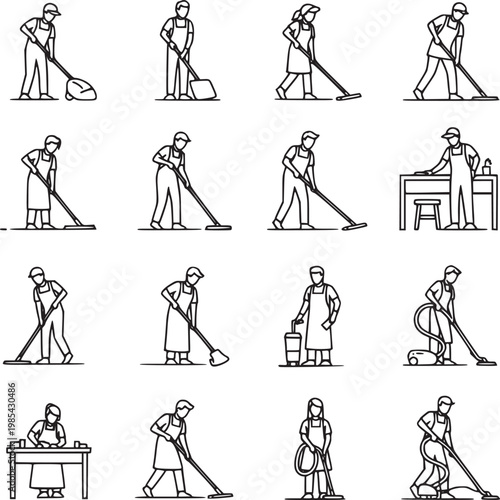 flat design vector illustrations of people cleaning various indoor and outdoor spaces with brooms and mops