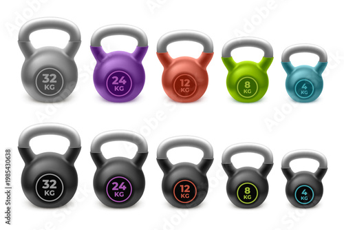 Realistic kettlebells. 3d weight, black color kettlebell gym weights barbell steel heavy kg dumbbell fitness sport lifting training kettle bell kilogram garish vector illustration