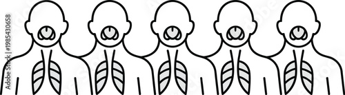 Human throat illustration, minimalist line art of neck and torso with trachea and larynx repeated figures medical design