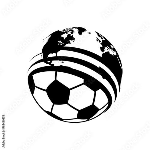 Global soccer ball logo vector, stylized earth globe and football fusion icon, black and white sports championship emblem for international tournaments
