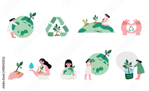 地球環境に配慮するイメージイラストのセット