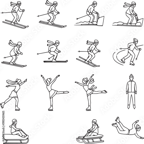 Sequence of female snowboarder performing tricks and poses on white background for sports training