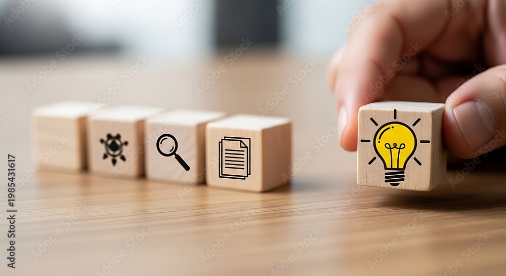 Naklejka premium A hand placing a wooden block with a lightbulb icon, symbolizing a creative idea or innovation, on a table with other blocks featuring various symbols.