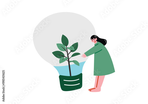 電球に入った植物を育てる女性のイラスト
