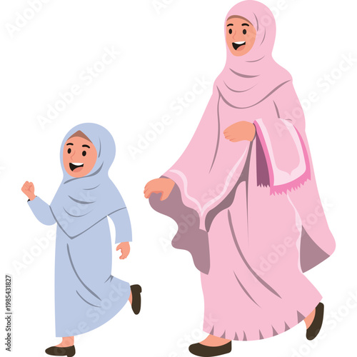 Muslim Kid Running Go to Mosque with Parent Set