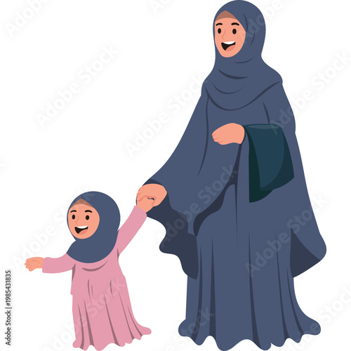 Muslim Kid Running Go to Mosque with Parent Set