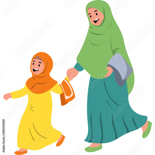 Muslim Kid Running Go to Mosque with Parent Set