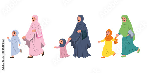 Muslim Kid Running Go to Mosque with Parent Set