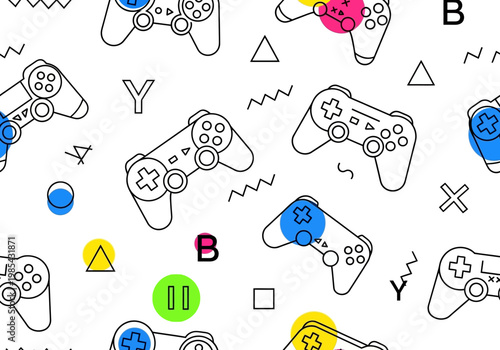 Retro gaming pattern featuring controllers and game buttons on a white background with colorful accents