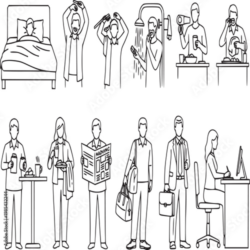 flat design vector illustration of daily life activities and routines in home and work environments