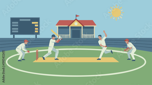 Cricket game in minimalist flat style illustration with players and scoreboard