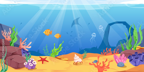 Colorful ocean deep landscape with fish and corals in cartoon style on blue background for marine concept. Vector illustration