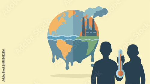 Global warming and climate change concept with melting Earth, pollution, people