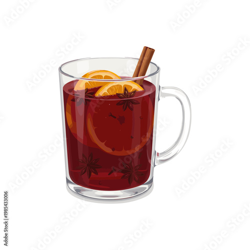 Glass mug of spiced red drink with orange slice and cinnamon stick
