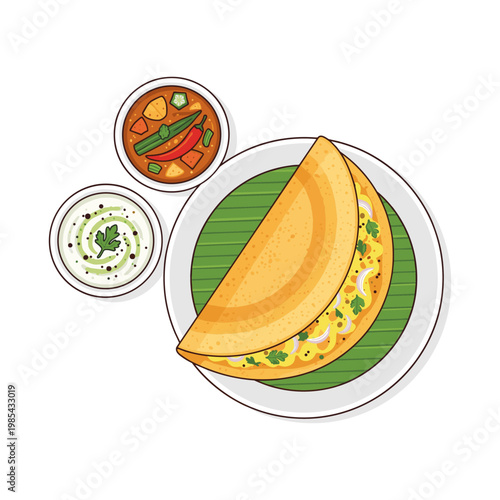Golden dosa with chutney and sambar on banana leaf