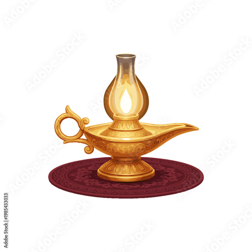 Golden oil lamp with glowing wick on red carpet classic lamp